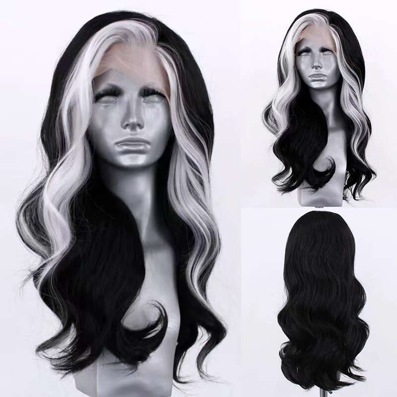 AIMEYA Black With White Highlights Long Body Wave Synthetic Lace Front Natural Haire Daily Use Halloween Cosplay Wig