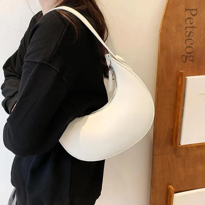 Fashion White Shoulder Bags For Women Pu Leather Solid Color Half Moon Crossbody Bag er Lady Handbags Ladies Underarm Bags 240913