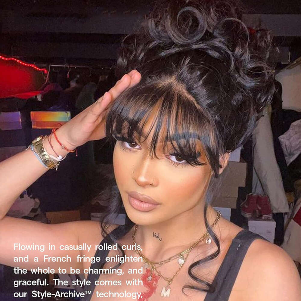 Wave Lace Front With Bangs For Black Women 13X3 Pre Plucked Curly Synthetic Heat Resistant Glueless Wig Daily Use