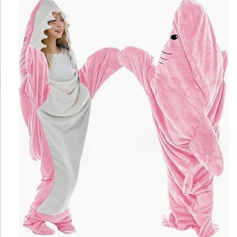 Hooded Flannel Shark One-Piece Pajamas Home Children Adult Men and Women Quirky Homewear Blanket 240910