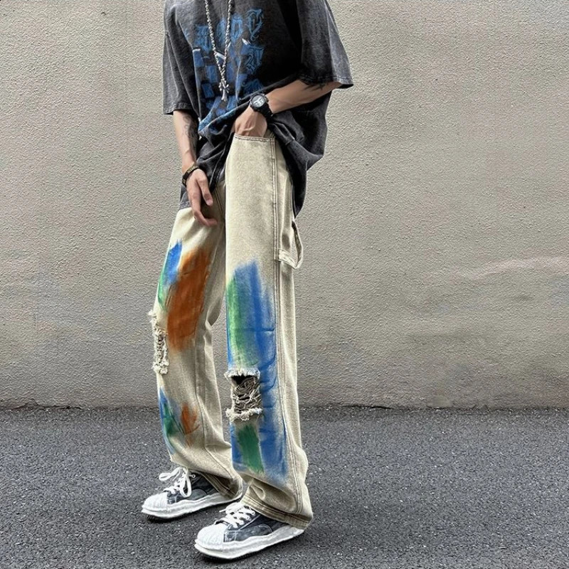 Trousers Ripped with Holes Male Cowboy Pants Wide Leg Jeans for Men Beige Hip Hop Torn Retro Tie Dye Broken Y 2k Vintage Kpop 240911
