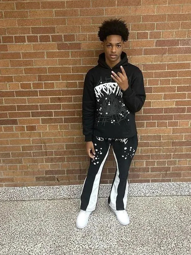 Y2k Spider Letter Printed Hoodie Straight Pants 2piece Set Mens Pull up Sports Shirt Trouser Tracksuits 240914