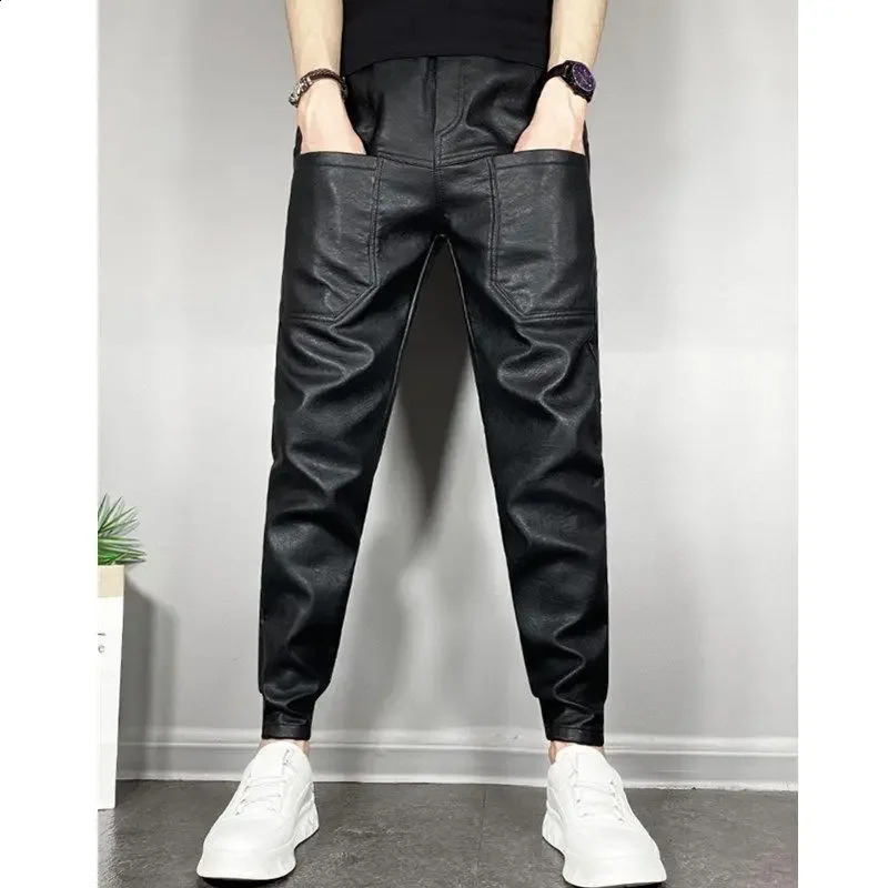 Autumn/Winter Elastic Warmslims Weight Loss Pu Leather Pants Mens Casual Scene Multi Pocket Harem Pants 240913
