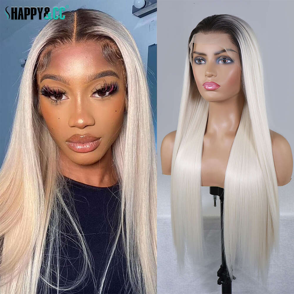 Ash Lace Front Wigs Silky Straight Dark Roots Colored Synthetic For Women Platinum Blonde #60 Ombre Glueless Wig