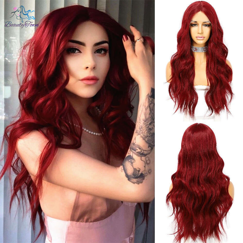 Synthetic Long Wavy Red Purple Lace For Women Daily Makeup Cosplay Party Wedding Heat Resistant Fiber Natural Looking Wig