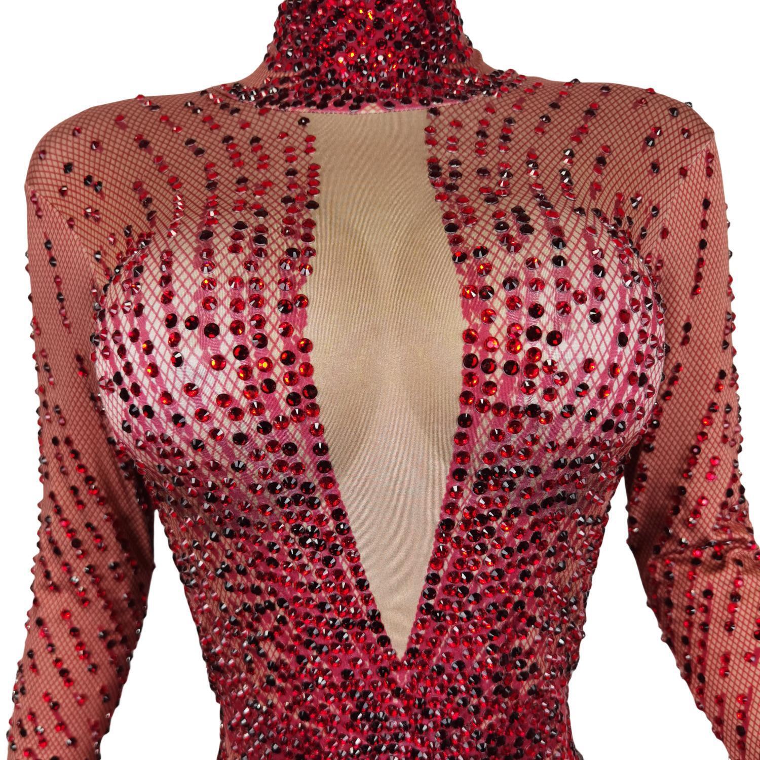 Sparkle Red Dia Bodysuits Women Bodycon Long Sleeve Leotards V-Neck Stage Costumes Ladies Sexy Rhie One Piece Jumpsuit