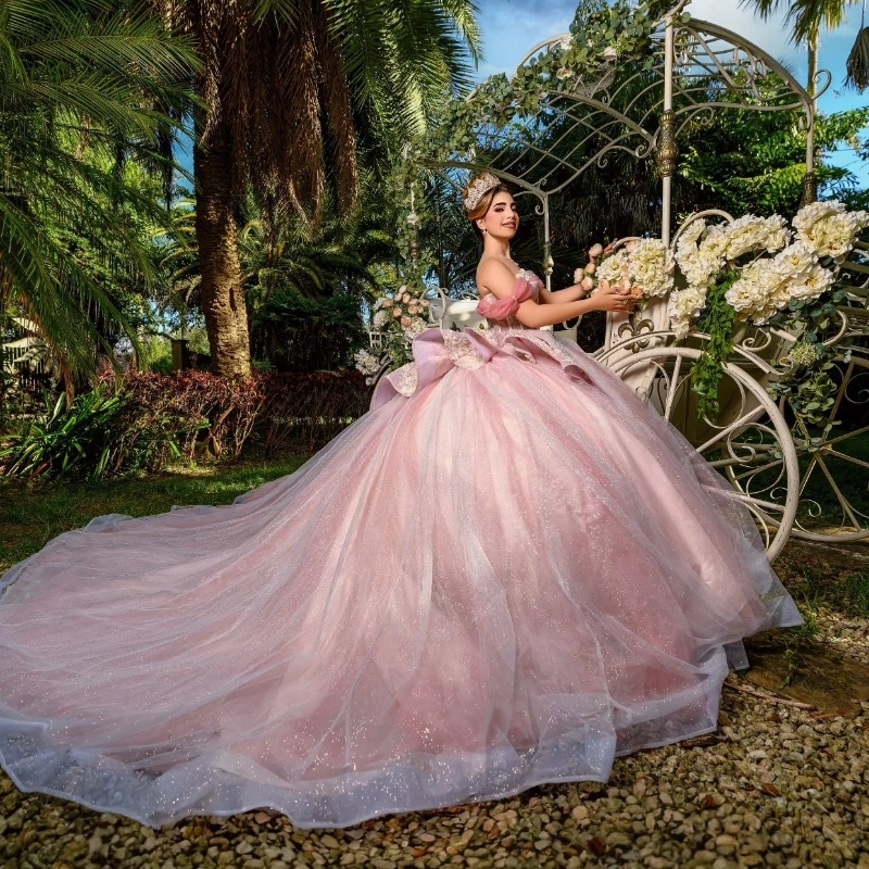 Mexican Pink Shiny Quinceanera Dresses Ball Gown Off The Shoulder Applique Lace Pearls Tull Tiered Corset Sweet 16 Dress Vestidos De