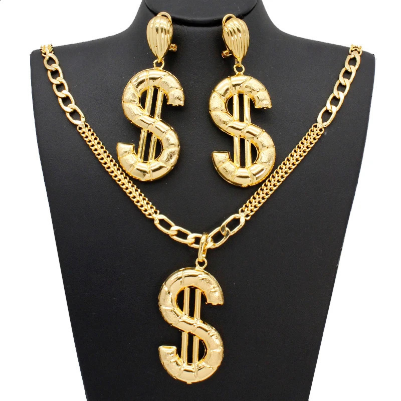 Earrings and Pendant Set For Wome Necklace Dollar Jewelry Sets Copper 24K Gold Plated Statement Hip Hop Jewellery Party 240906