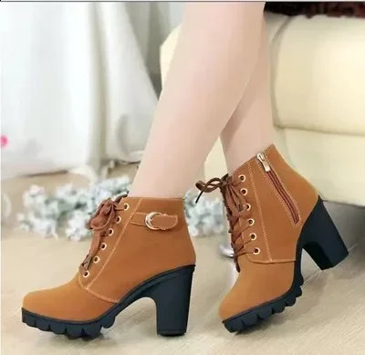 Winter high-heeled womens boots with cross straps short boots comfortable waterproof boots warm plus 42 Botas Femininas 240914