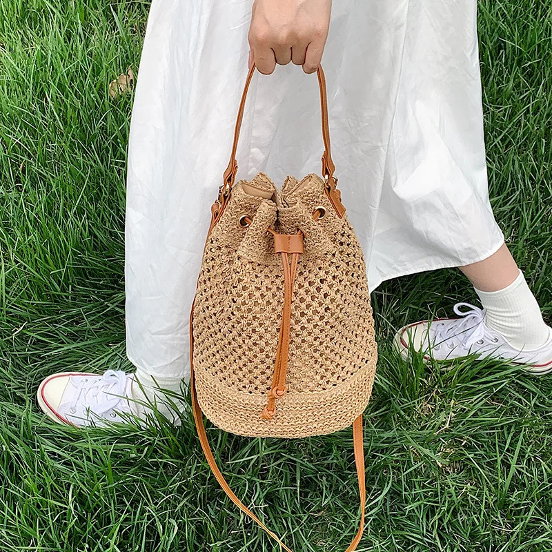 Woven Straw Bag Ladies Bucket Crossbody Summer Beach Retro Travel Shoulder Bags Small Purse and Handbag For Women 240914ZYl