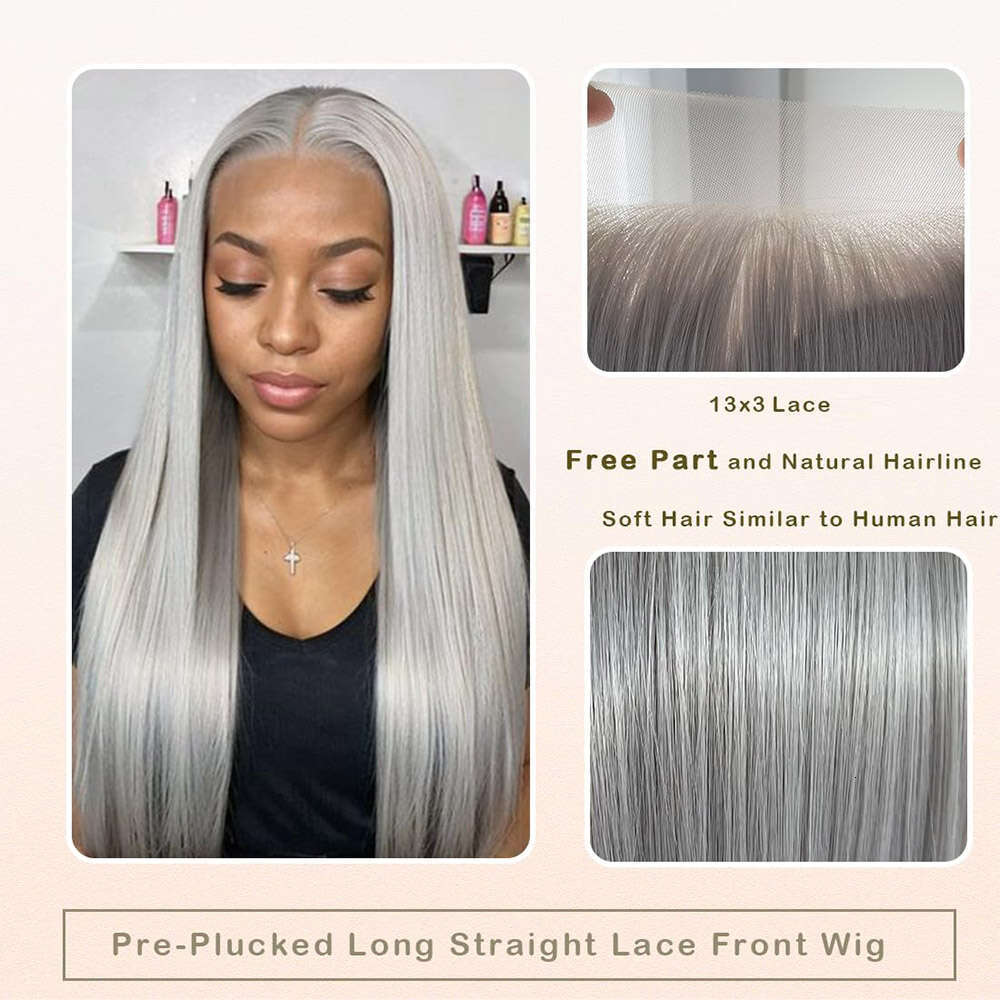 Grey Straight Front Synthetic For Women Pre Plucked Glueless 13X3 Lace Frontal Wig Colored Cosplay Hair