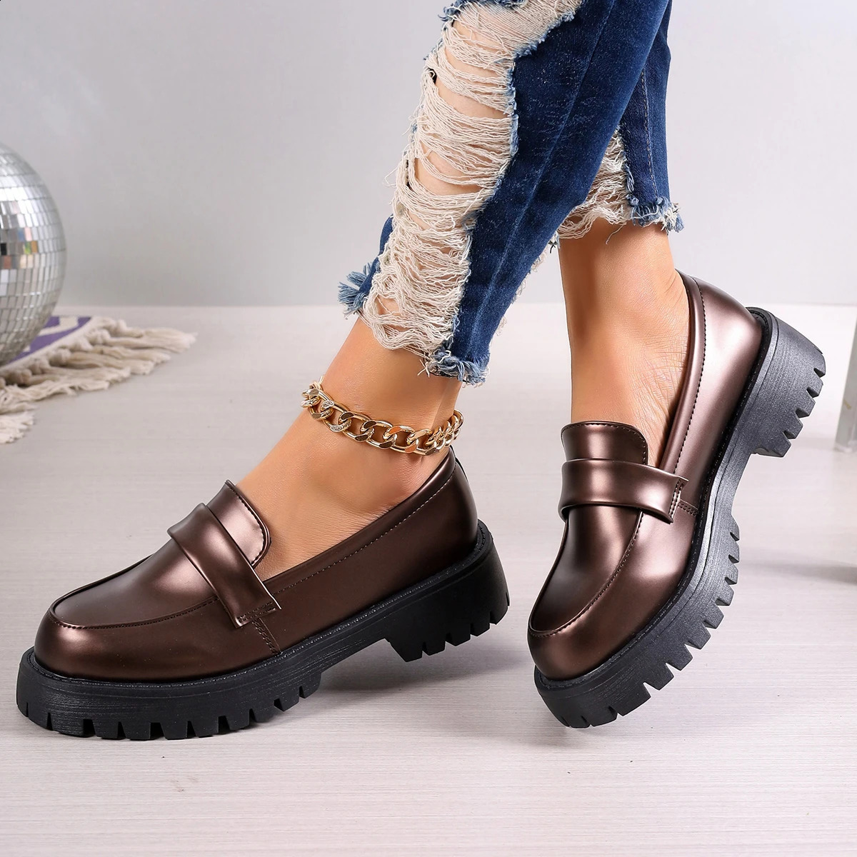Womens platform retro shoes black Oxford shoes autumn retro bronze PU leather Loafers womens fashionable thick soled shoes 240914