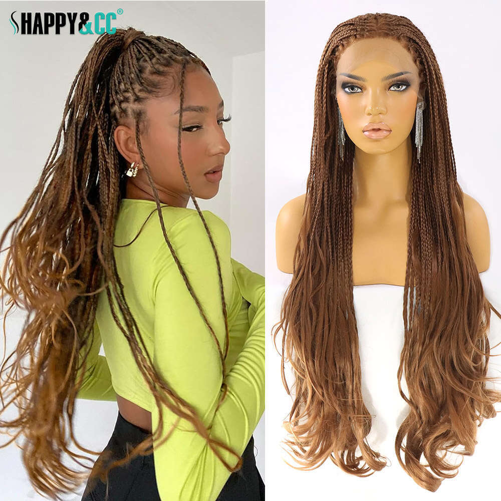 #30 Box Braided Curly Ends Knotless French Curls Braid 13X4 Synthetic Lace Front Wig Brown Braiding Hair Wigs For Women