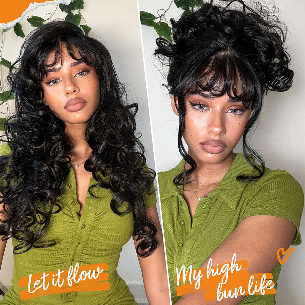 Wave Lace Front With Bangs For Black Women 13X3 Pre Plucked Curly Synthetic Heat Resistant Glueless Wig Daily Use