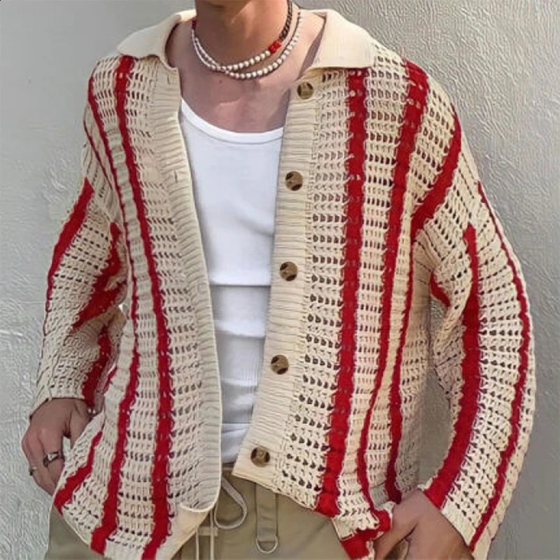 Mens hollow cardigan sweater casual long sleeved lapel button retro y fashion knit 240906