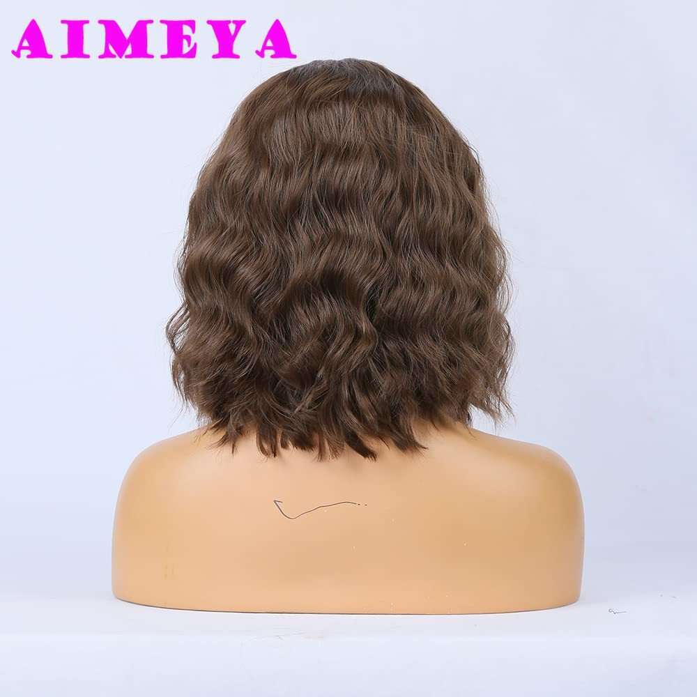 AIMEYA Brown Short For Women Natural Wave Synthetic Lace Front Free Part Heat Resistant Hair Daily Use Cosplay Wig
