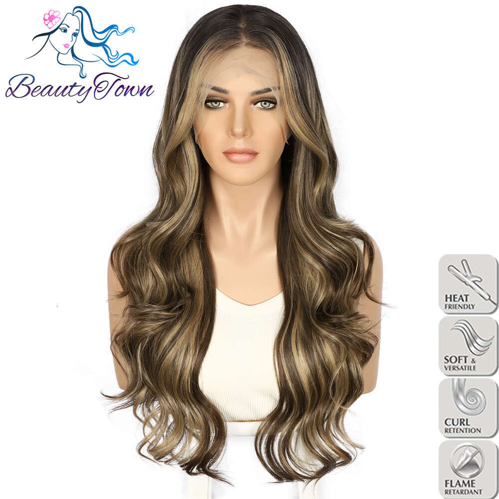 Autumn Brown 13X4 Synthetic Highlight Swiss Transparent Lace Front Wig Body Wave Full Cosplay Daily Wear