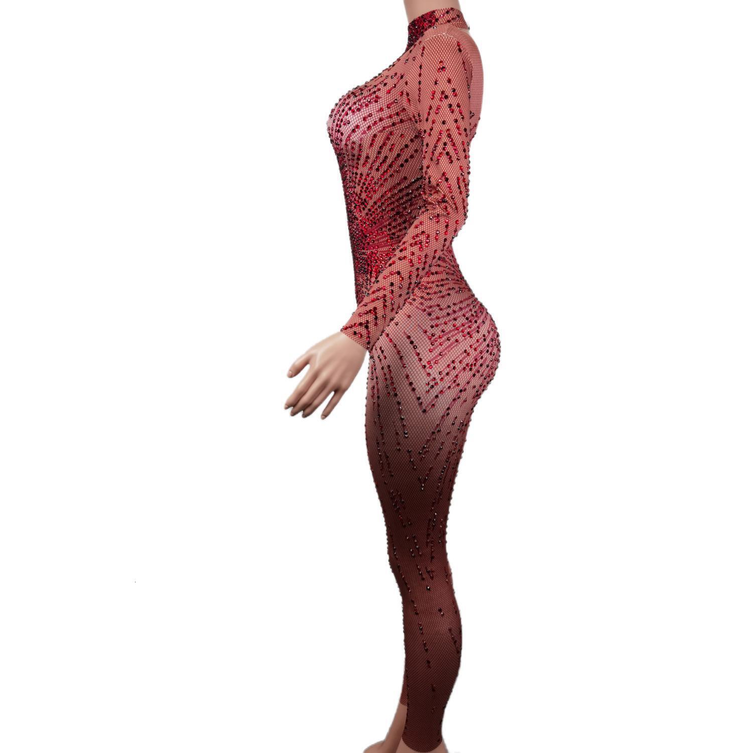 Sparkle Red Dia Bodysuits Women Bodycon Long Sleeve Leotards V-Neck Stage Costumes Ladies Sexy Rhie One Piece Jumpsuit