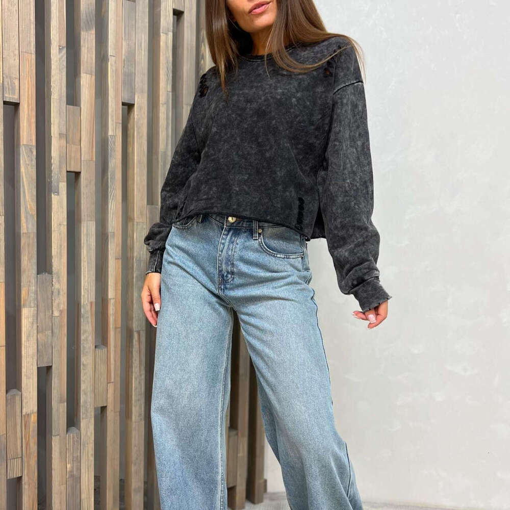 2024 European hole making old hoodie pullover autumn fashion temperament spicy girl ins style