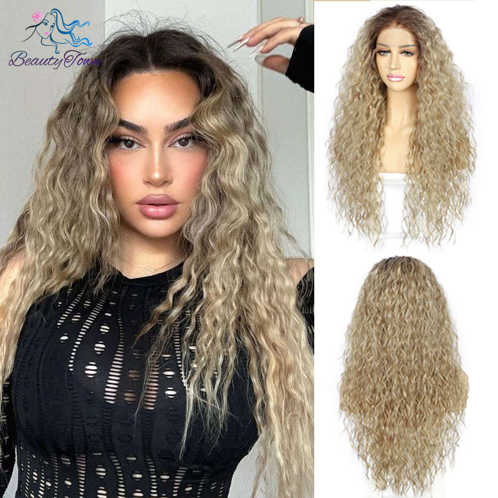 Long Inche Blonde Synthetic 13X3 613 Grey Brown Ginger Kinky Curly HD Transparent Lace Front Cosplay Wig
