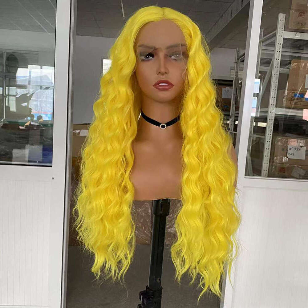 AIMEYA Lemon Yellow Synthetic Heat Resistant Lace Front Wigs Long Body Wave Daily Use Cosplay Party Wig