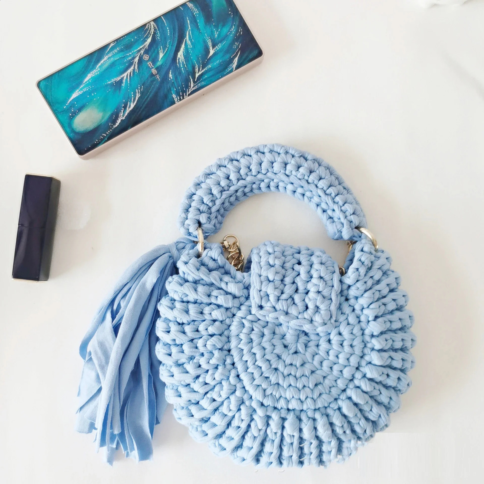 Mini rope knitted womens bag handmade tassel handbag yarn crochet ner round shoulder 240913