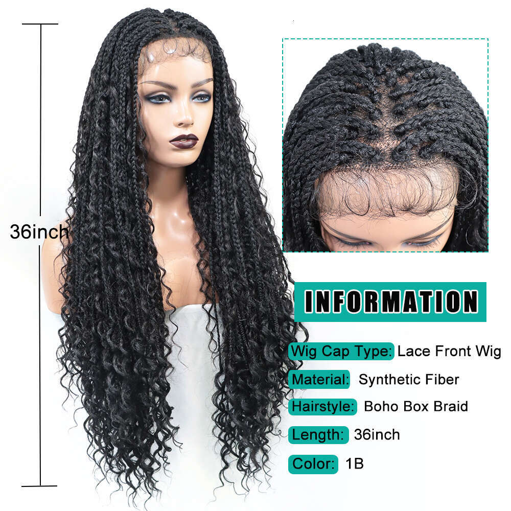 36Inch Boho Box Braided Wigs Synthetic Lace Front Goddess Locs Curly Ends Knotless Square Part Braid Wig With Baby Hair