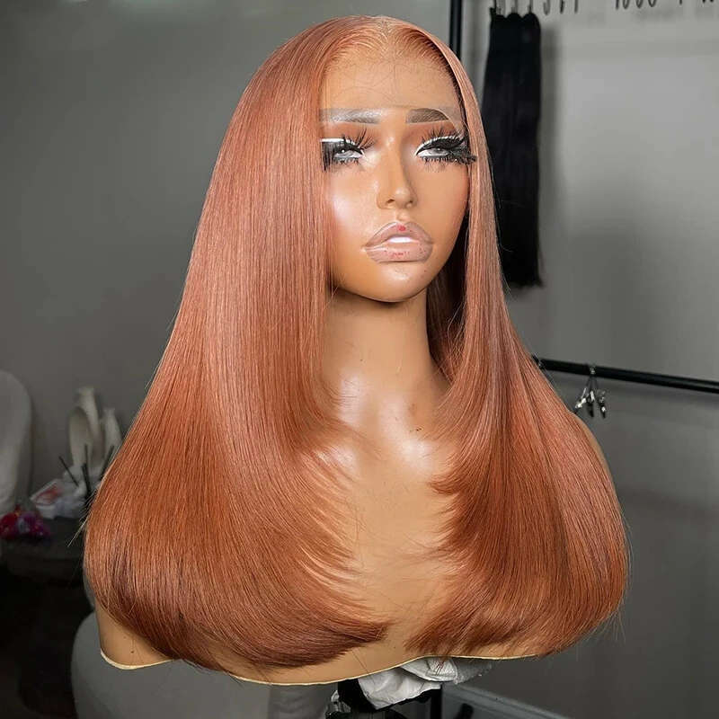Ginger Brown Long Wavy Synthetic Front Wig Layered Glueless Frontal Orange Auburn Hair Lace Natural Wigs For Women