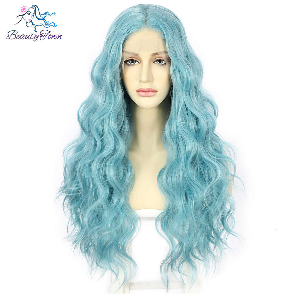 Green Colored Snythetic Front Wigs Long Body Wave HD Transparent Lace Frontal Cosplay Daily Use Wig Blue Blonde Color