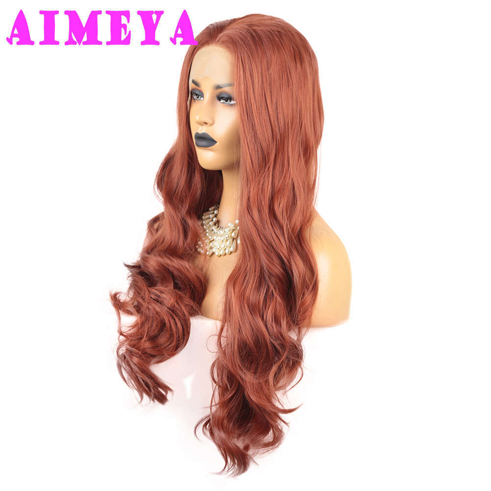 AIMEYA Copper Red Long Body Wave Front Synthetic Lace Wig For Women Heat Resistant Hair Cosplay Daily Use