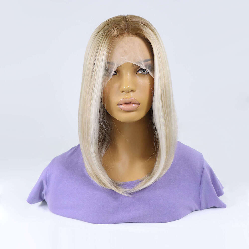 Highlight Blonde Synthetic Lace Front 12 Inch Short Bob Wigs Silky Straight Glueless Ombre Colored Frontal Wig For Women