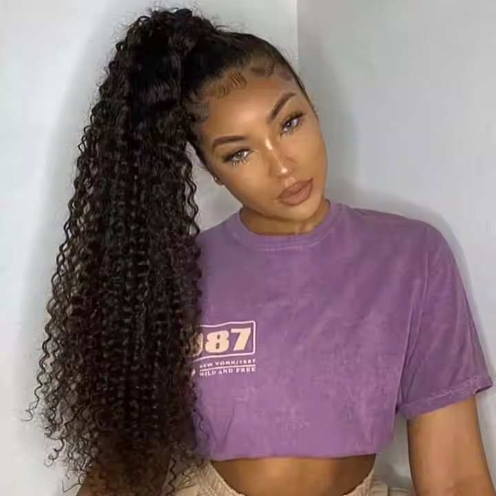 Jet black afro kinky curly clip in ponytail human hair extension for black women,Brazilian wraps around pony tail hairpiece 160g