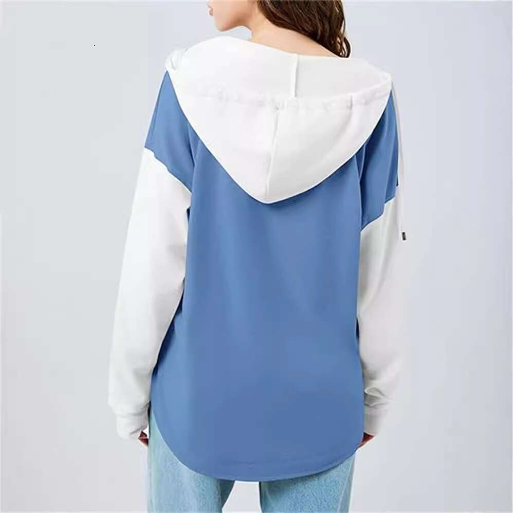 Short sleeved women's color blocked hooded casual V-neck loose sports shirt pullover top