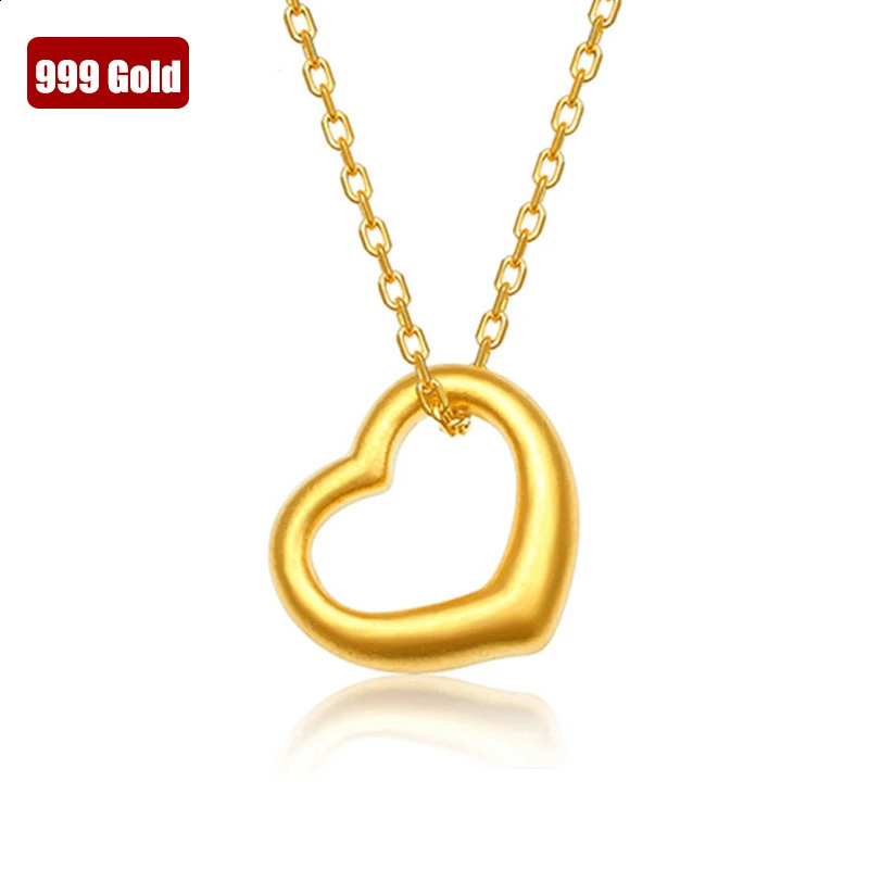 Real Gold 999 Pure Gold Love Heart Pendant 24k Gold Classic 3D Hard Gold Necklace Valentines Day Gift Fine Jewelry 240910
