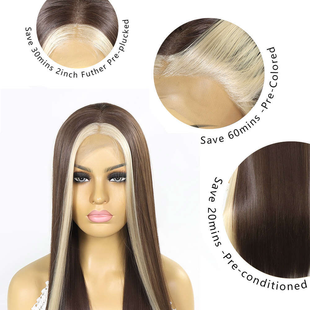 Blonde Highlight Lace Front Strea Brown Straight Synthetic For Black Women Pre Plucked Heat Resistant Colored Wig