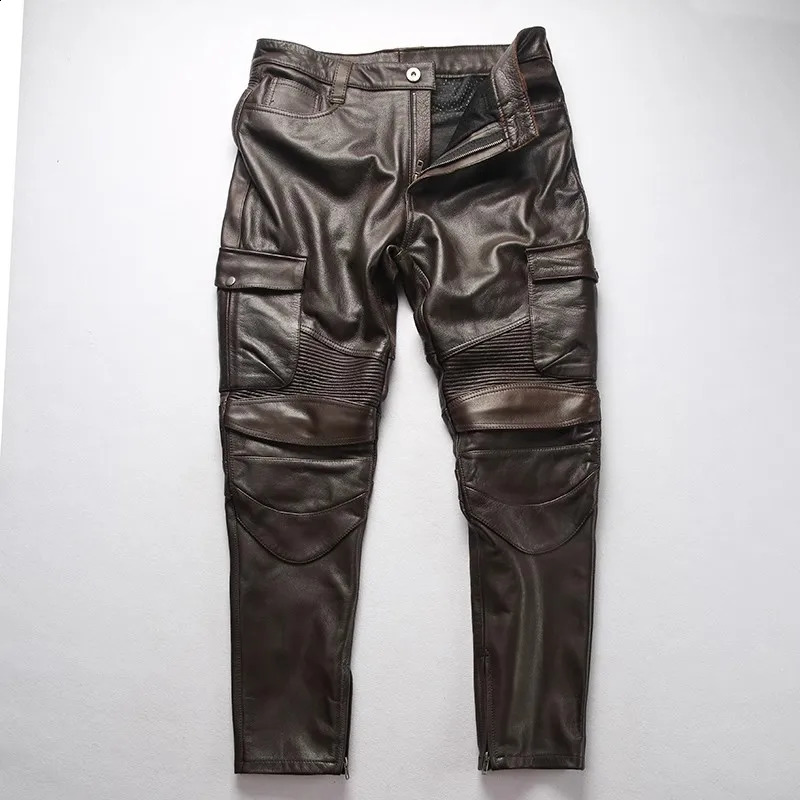 Spring and autumn factory mens plus size leather genuine denim motorcycle mens multi pocket retro Trouser 240913