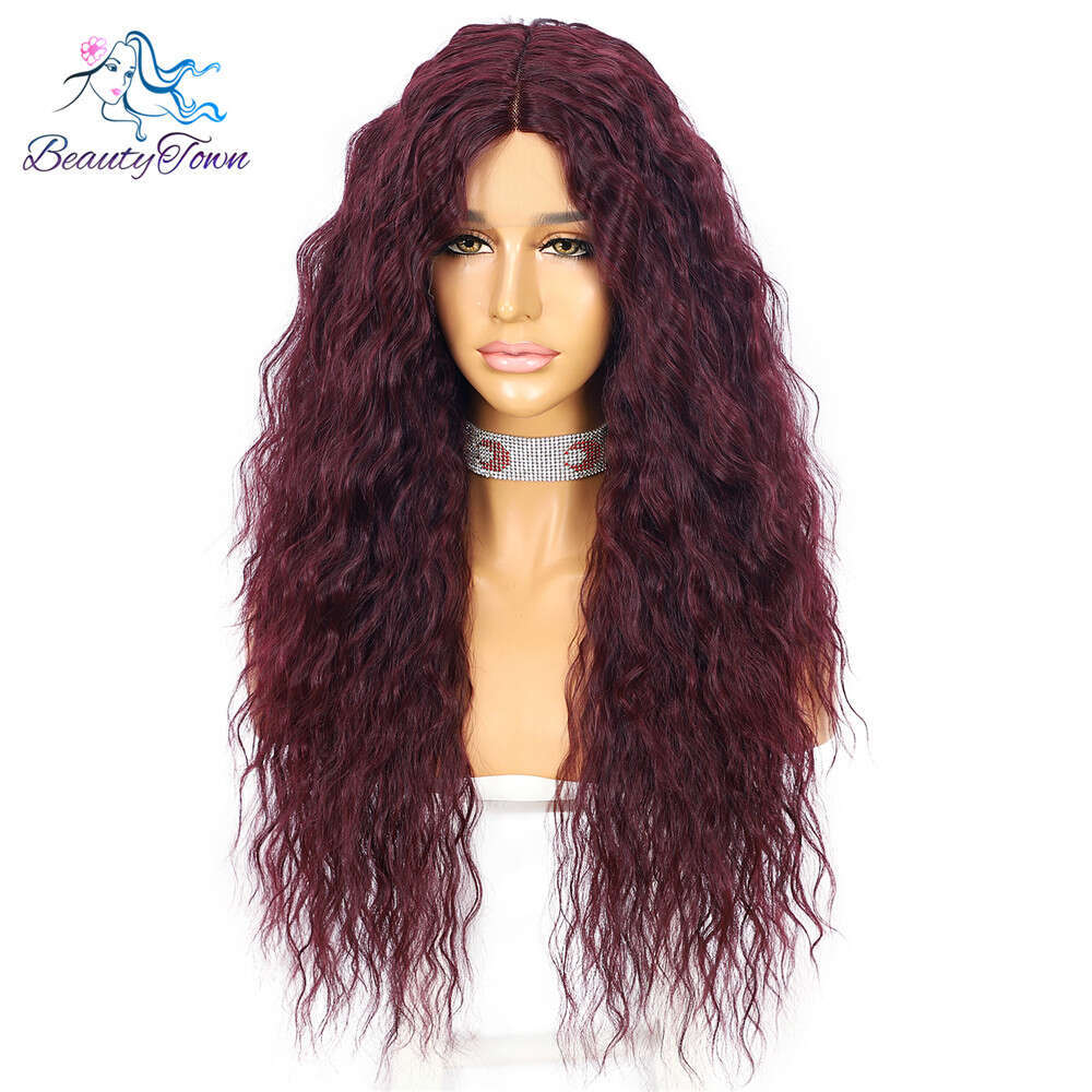 Beautytown Synthetic Red Wine Kinky Curly T Lace Wig For Black Women Daily Makeup Party Gift Bury #39 Heat Resistant Hair