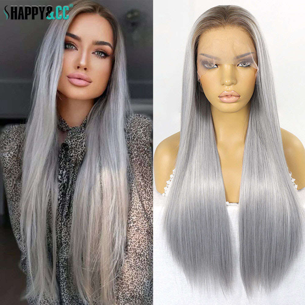 Ombre Synthetic Lace Front Wigs Sier Grey Dark Roots Colored For Women 13X3 Straight Heat Resistant Cosplay Wig