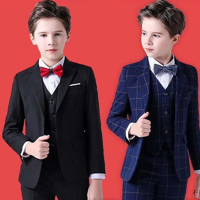 Spring Big Boys Top Quality Plaid Wedding Suit Teenager Kid Formal Tuxedo Bowtie Dress Children Blazer Party Performance Costume 250410