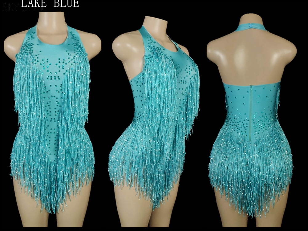 Sparkly Crystals Fringes Bodysuit Sexy Tassel Leotard Jazz Dance Costume One-Piece Stage Wear Dancer Performance Show Clothing