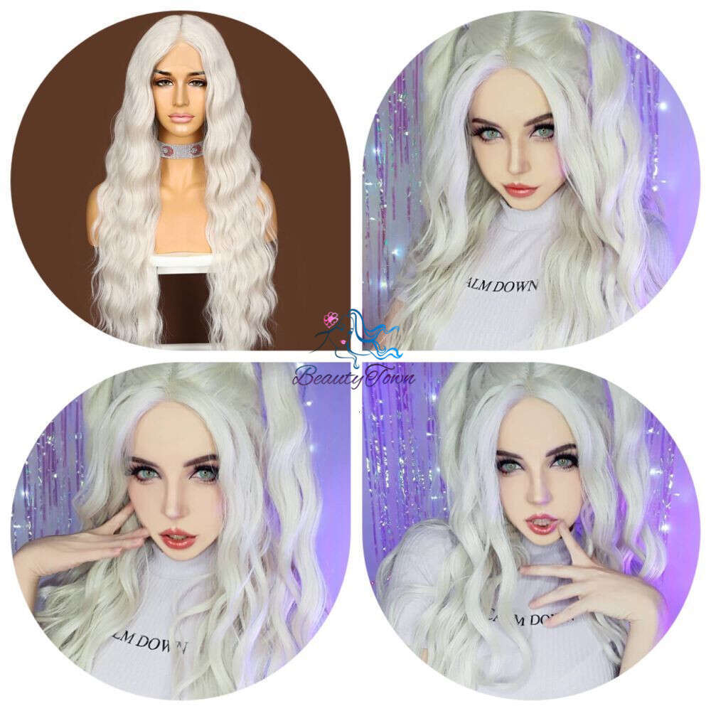 Synthetic Long Water Wave Ash White For Women Daily Makeup Girls Cosplay Party Wedding Deep T Middle Part Lace Wig