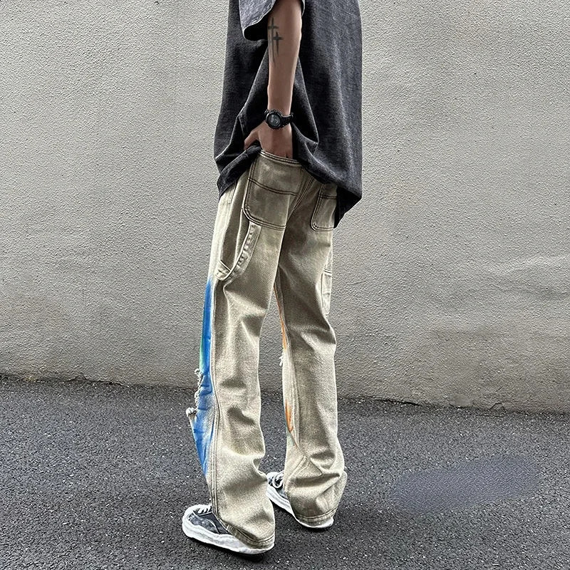 Trousers Ripped with Holes Male Cowboy Pants Wide Leg Jeans for Men Beige Hip Hop Torn Retro Tie Dye Broken Y 2k Vintage Kpop 240911