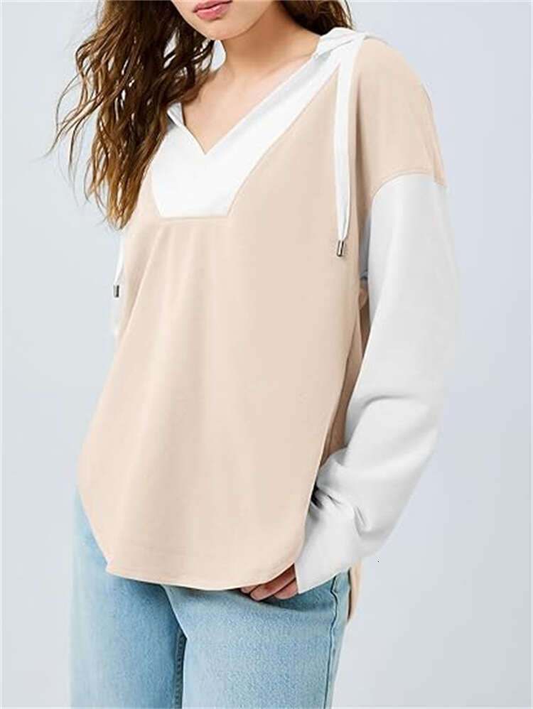 Short sleeved women's color blocked hooded casual V-neck loose sports shirt pullover top