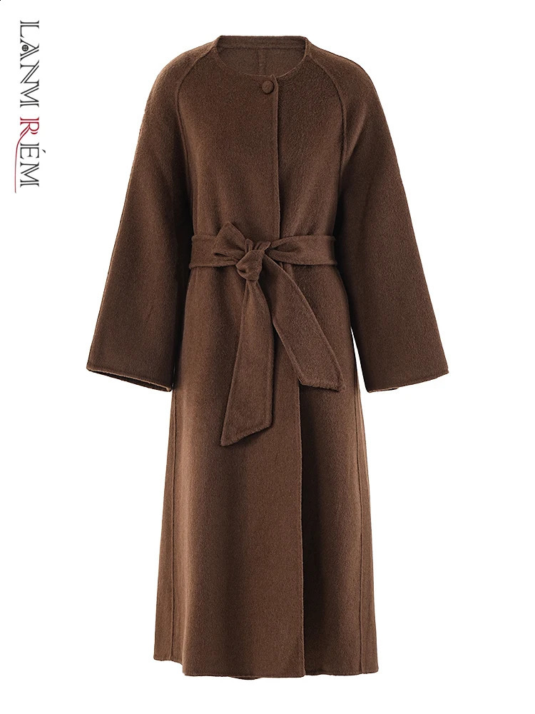 LANMREM Autumn Winter Woolen Coats Round Neck Double Sided Belt Overcoat Female Fashion Clothing CPG1808 240911
