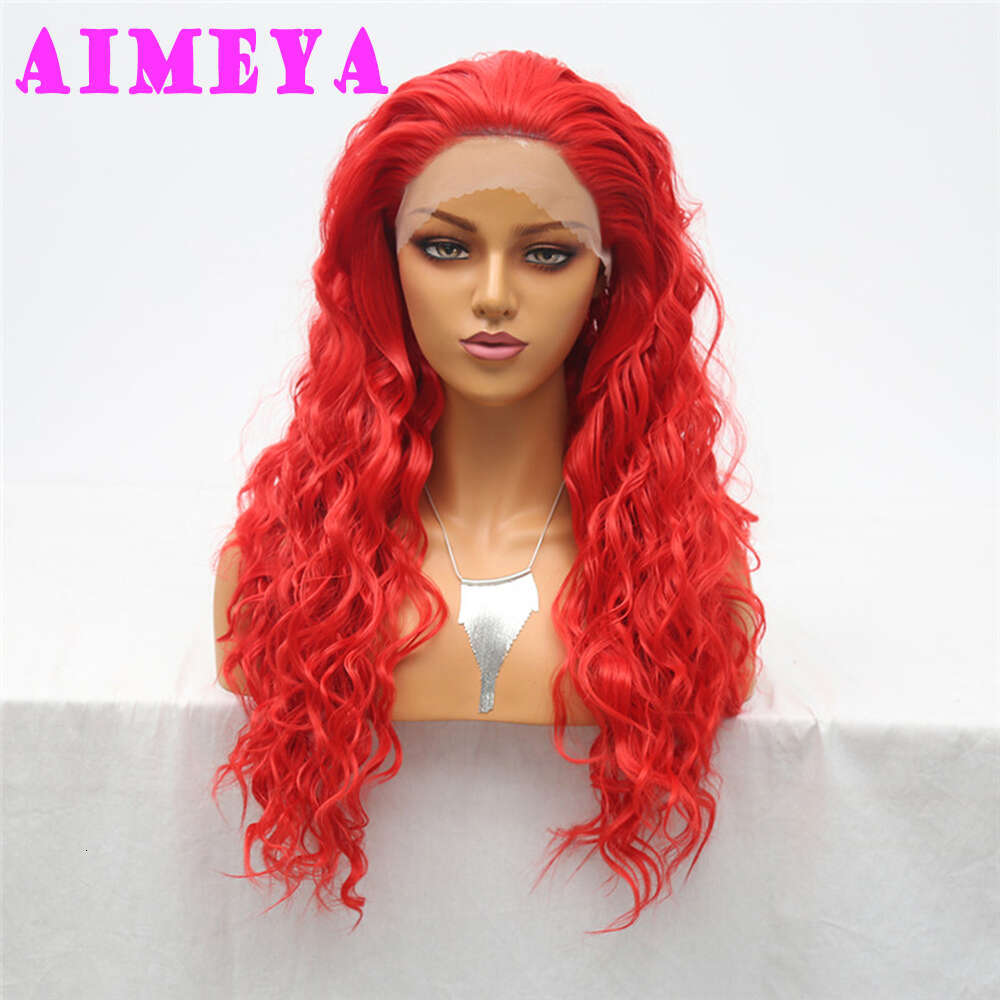 AIMEYA Hot Red Loose Curly Long Synthetic Lace Front Wigs Natural Wave Hair Daily Use Cosplay Wig Heat Resistant Fiber