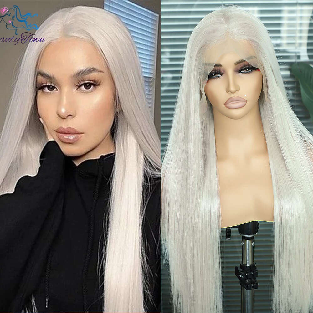 13X6 Synthetic Front 32Inch Grey Blonde Straight For Women HD Transparent Lace Cosplay Wig Heat Resistant Fiber