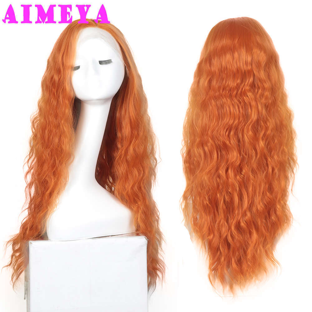 AIMEYA Orange Loose Curly Long Synthetic Lace Front Wigs Deep Wave Hair Daily Use Cosplay Wig Heat Resistant