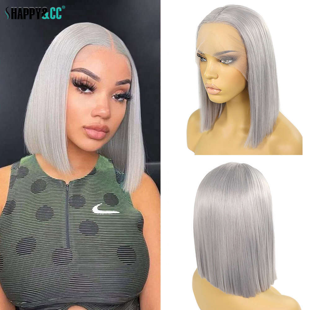 Sier Grey Lace Front Bob Wigs Short Silky Straight Cosplay Synthetic Natural Haire Glueless Party Colored Wig For Women