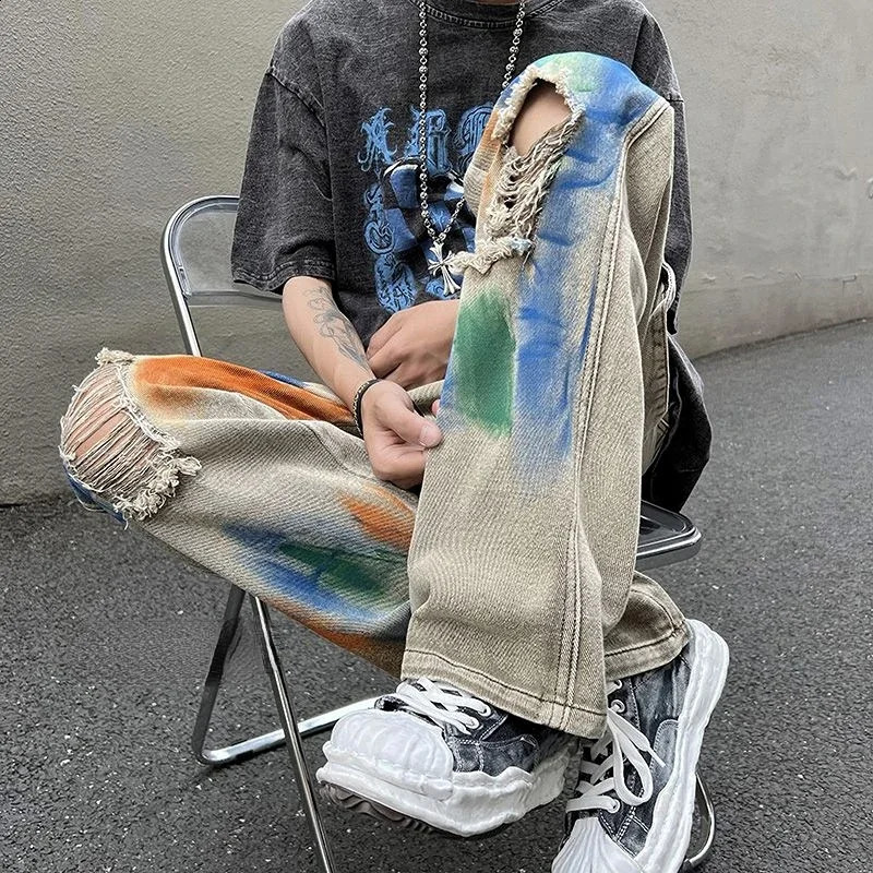 Trousers Ripped with Holes Male Cowboy Pants Wide Leg Jeans for Men Beige Hip Hop Torn Retro Tie Dye Broken Y 2k Vintage Kpop 240911