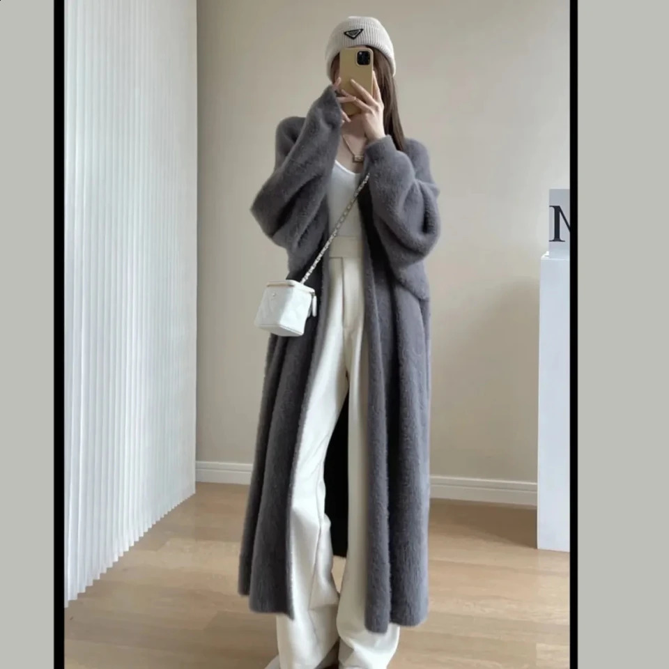 Artificial mink cashmere cardigan autumn and winter womens soft lazy long coat thick knitted sweater 240906